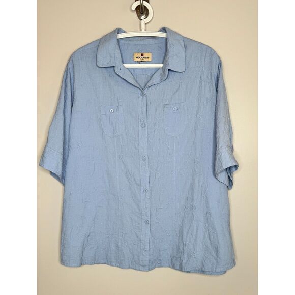 Vintage Woolrich Women’s Baby Blue Textured Floral Cotton Shirt XL - Picture 2 of 7